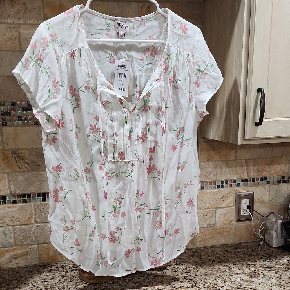 Time and Tru White Blouse with Pink Floral Design